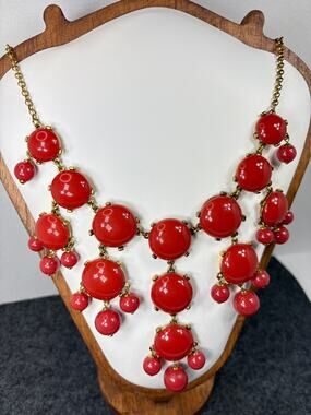 Vintage Liz Claiborne Signed Red Bubble Bib Necklace Gold Tone Chunky Waterfall